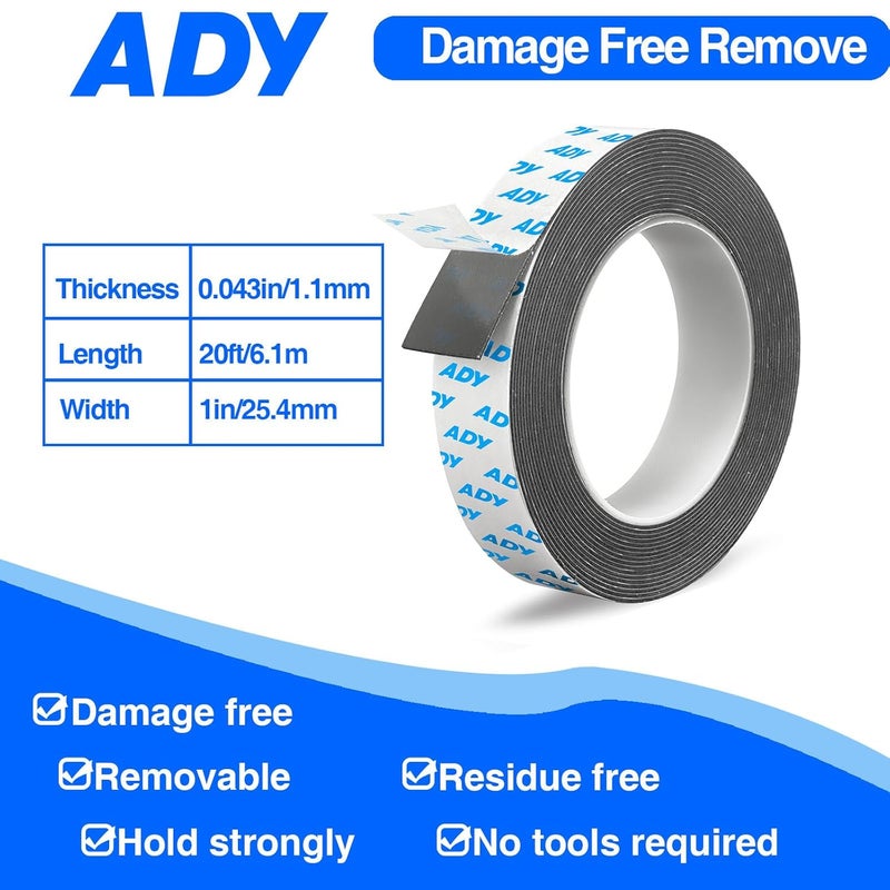 ADY Removable Double Sided Foam Tape Heavy Duty 1in x 20ft,Adhesive Foam Tape for Walls,Damage Free Picture Hanging Adhesive Strips for Office Rent Room, Poster Mounting Tape - Image 2